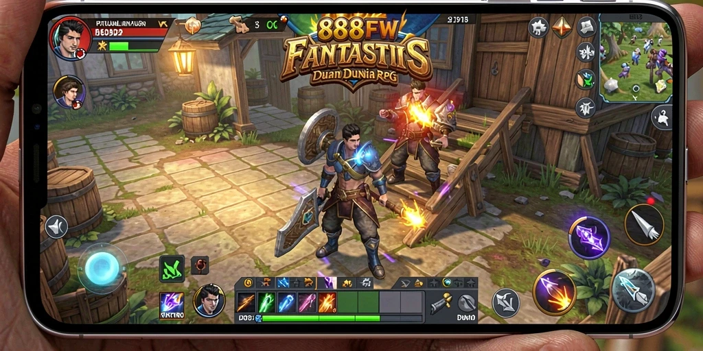 Screenshot menunjukkan karakter beraksi dalam petualangan RPG yang epik.