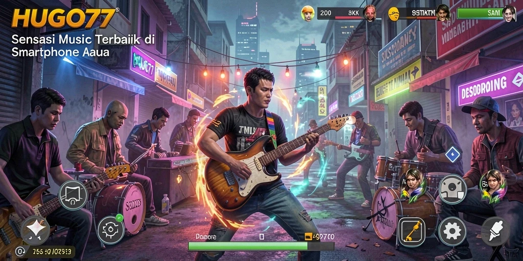 Tampilan utama HUGO77 dengan berbagai pilihan lagu dan tampilan interaktif.