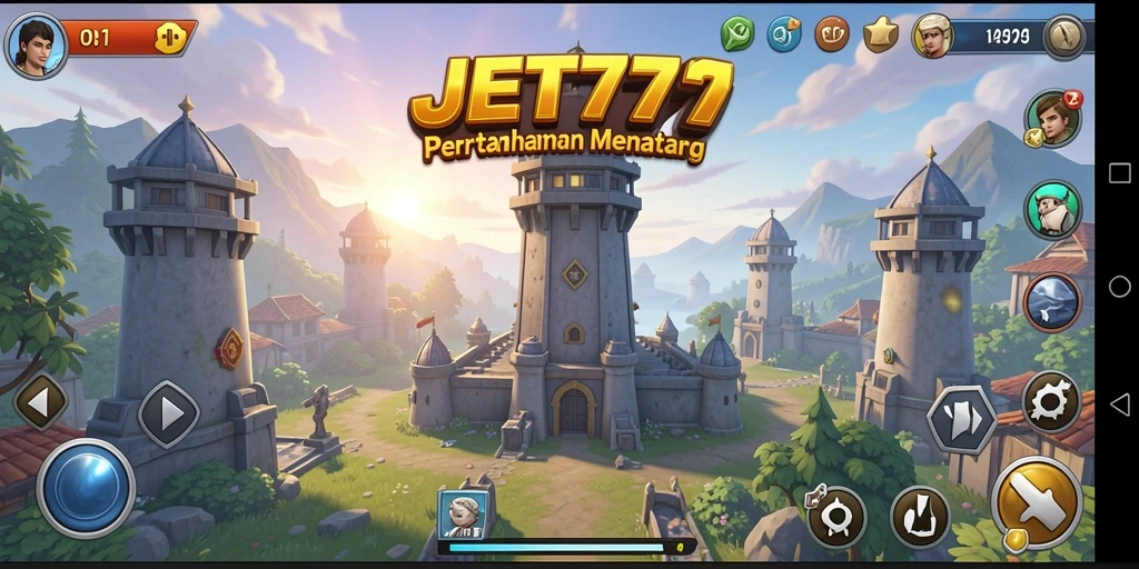 Gameplay JET77 menampilkan pertempuran menara yang intens dan strategis.
